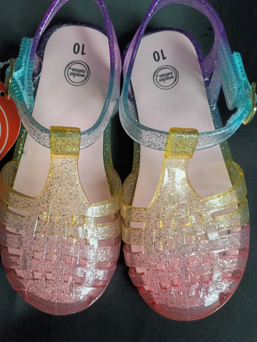 wonder nation Girls' Glitter Ombre Jelly Sandals - Purple Pink Yellow Blue
